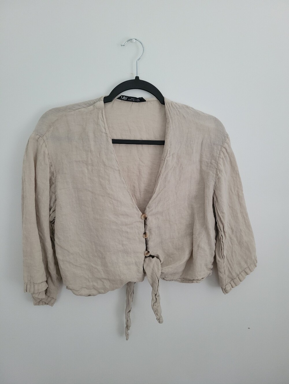 Zara Linen Tie-Front Crop Top in Light Beige